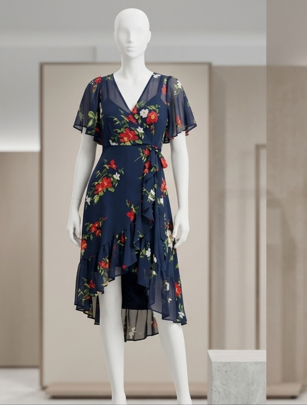 Calvin Klein Floral Faux-Wrap High-Low Chiffon Dress 16